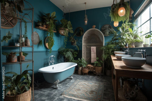 Boho style bathroom with green plants and chic design furniture. Generative AI