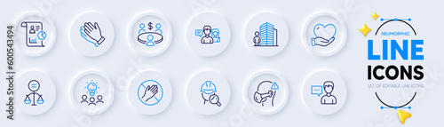 People talking, Clapping hands and Volunteer line icons for web app. Pack of Ethics, Person talk, Agent pictogram icons. Meeting, Report, Dont touch signs. Business idea, Medical mask, Inspect. Vector
