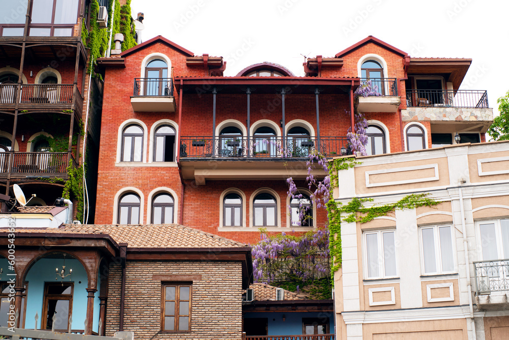 Beautiful old Georgian houses in Tbilisi overgrown with bright wisteria flowers on the streets of the city in spring