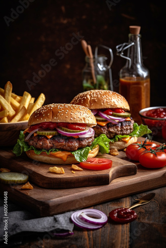 Beef burger grilled  with cheese and vegetables, served on table. Close up view. Generative AI