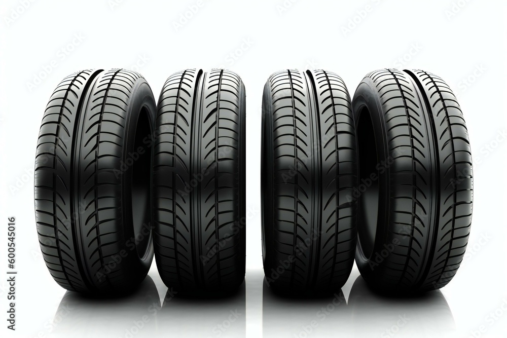 Car tires in row isolated on white background. Generative AI Car tires in row isolated on white background. Generative AI