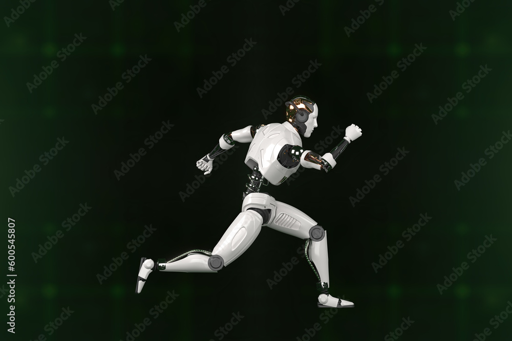 Obraz premium Futuristic world robots are running. Presentation of technology with robots. 3d rendering action of robot.