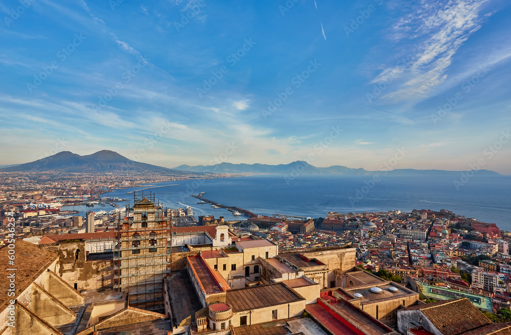 Panorama of Naples, view of the port in the Gulf of Naples and Mount Vesuvius. Italy.