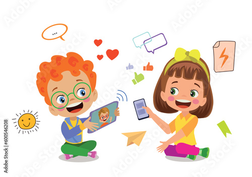 A boy holding a phone and a social media icons on a white background