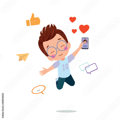 A boy holding a phone and a social media icons on a white background