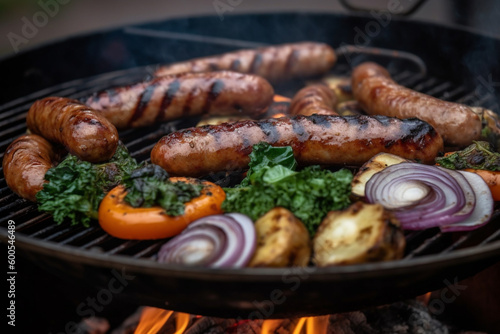 Sausage grilled on charcoal grill. Close up view on bbq grid. Generative AI