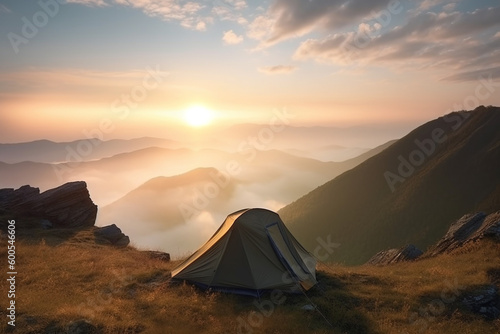 Tent in beautiful scenic nature. Adventure and wild camping concept. Generative AI