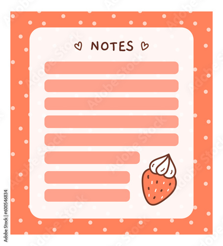 Cute to do list template with a strawberry. Kawaii design of daily planner, schedule or checklist. Perfect for planning, memo, notes and self-organization. Vector hand-drawn illustration.