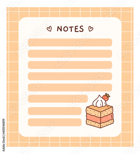 Cute to do list template with a strawberry cake. Kawaii design of daily planner, schedule or checklist. Perfect for planning, memo, notes and self-organization. Vector hand-drawn illustration.