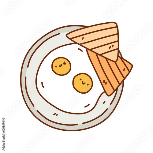 Cute fried eggs with and toast on a plate isolated on white background. Vector hand-drawn illustration in kawaii doodle style. Perfect for various designs, cards, decorations, logo, menu, recipes.