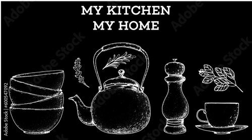 Kitchenware frame. Kitchen utensils sketch. Hand drawn vector illustration.
