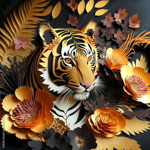 paper feathers all like tiger paper-cut art Chinese style tige  Generative AI