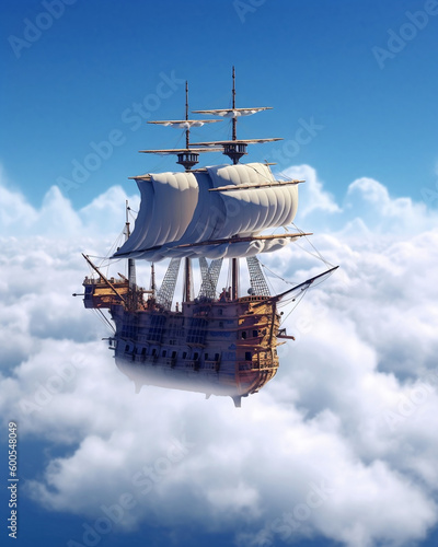 Au pays imaginaire, un bateau de pirate qui flotte dans les airs, généré par une IA photo
