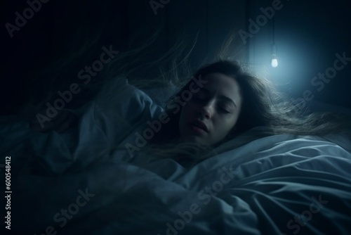 Woman Struggling with Insomnia and Sleep Paralysis in Bed, nightmares. Generative Ai