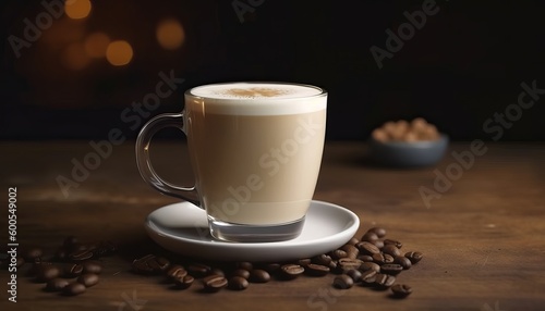 Nice Texture of Latte art on hot latte coffee with coffee beans beside it on a wooden table ai, ai generative, illustration