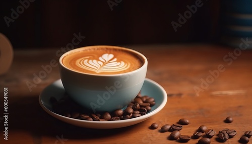 Nice Texture of Latte art on hot latte coffee with coffee beans beside it on a wooden table ai  ai generative  illustration