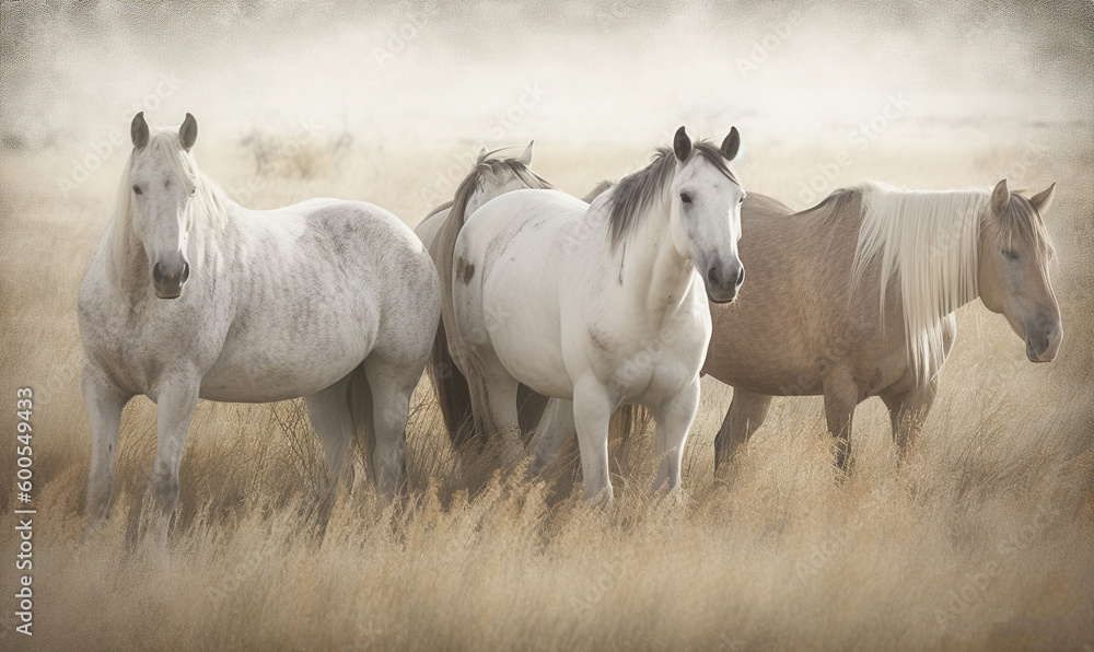 a group of horses standing in a field of tall grass. generative ai a group of horses standing in a field of tall grass. generative ai