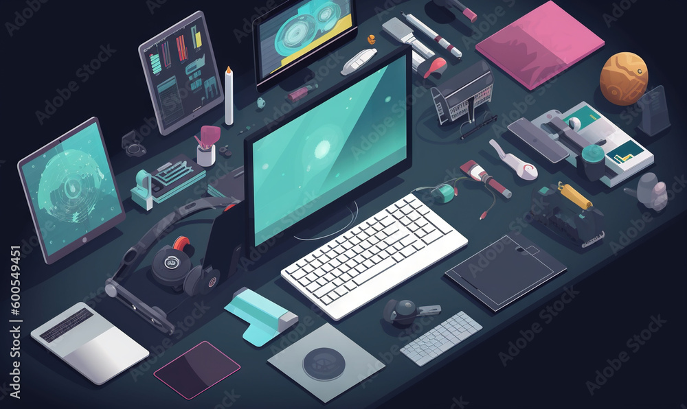a desk with a computer, keyboard, mouse and other items. generative ai a desk with a computer, keyboard, mouse and other items. generative ai