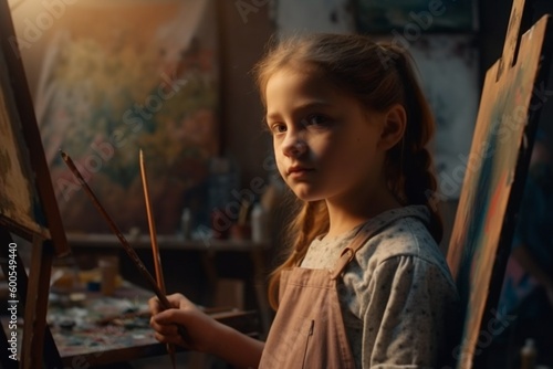 Child girl painting on easel in art studio