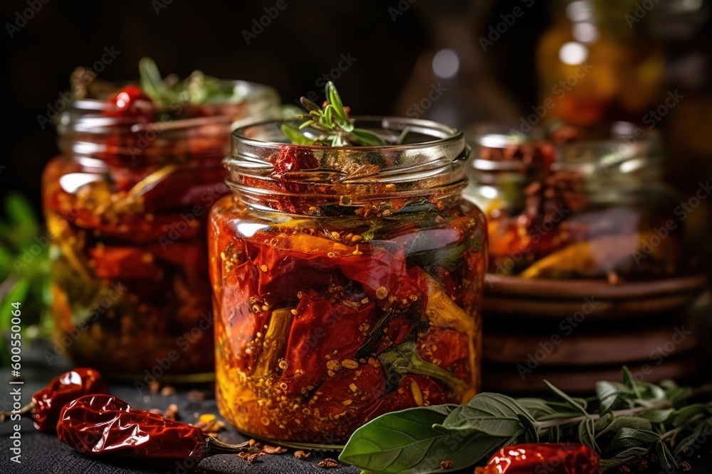 Colorful homemade jars of tomatoes picked and preserved in oil - Generative AI Colorful homemade jars of tomatoes picked and preserved in oil - Generative AI