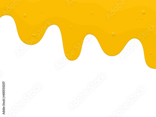 Dripping honey for banner and product packaging with space for text. Golden yellow realistic honey background. Honey drips and bubbles in flat vector illustration
