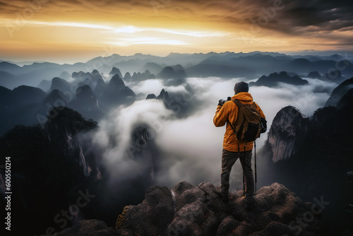 The photographer stands on a peak with a beautiful mountain landscape. Active vacations outdoor adventure travel concept - Generative AI photo