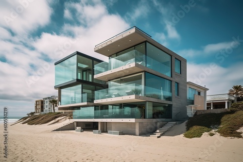 Luxury house with sea view and beach terrace in modern design  Holiday home or holiday villa for large family - Generative AI