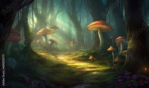  a painting of a forest with lots of mushrooms on the ground.  generative ai