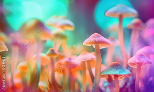  a bunch of mushrooms that are in the grass with a blurry background. generative ai