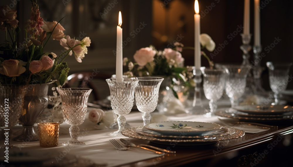 Elegant wedding table with ornate silverware arrangement generated by AI