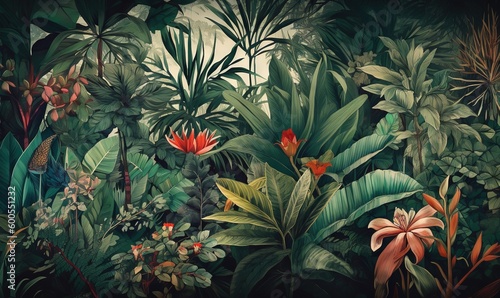  a painting of tropical plants and flowers in a jungle setting.  generative ai