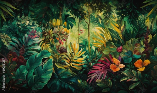  a painting of a jungle with lots of plants and flowers.  generative ai