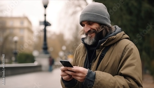 An old homeless man in a beanie, smiling and holding a smartphone. Showcasing the combination of humor and heart through an AI generative image