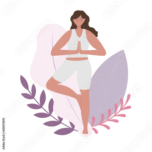 Colored flat vector illustration. Vector illustration in flat cartoon style. Woman meditating in nature and leaves. Concept illustration for yoga, meditation, relax, recreation, healthy lifestyl