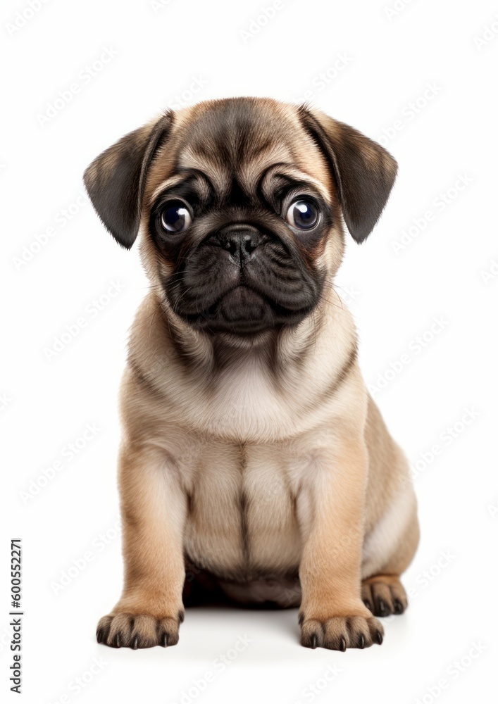 Portrait of happy and smiling cute pug puppy dog on white background. Generative AI.