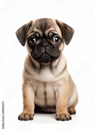 Portrait of happy and smiling cute pug puppy dog on white background. Generative AI.