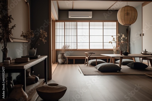 interior design  modern spacious tea room. Wabi - sabi living room with table  wood floor   Japanese style house - Generative AI