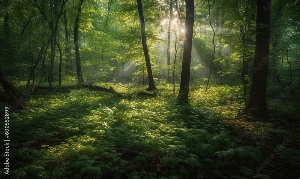 Fototapeta premium a forest filled with lots of green trees and grass covered ground. generative ai