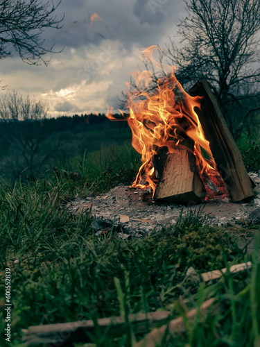 Big bonfire fire on wild nature background with stones. Close-up travel, adventure hot and bright flame light. Cozy evening in the forest outdoors. Burning wooden firewood, log, timber.