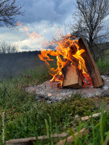 Big bonfire fire on wild nature background with stones. Close-up travel, adventure hot and bright flame light. Cozy evening in the forest outdoors. Burning wooden firewood, log, timber.