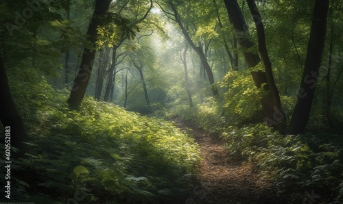  a path through a forest with lots of trees and bushes.  generative ai