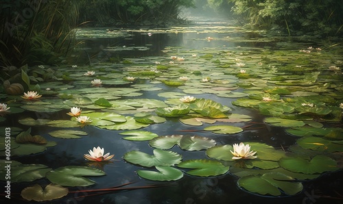 Photographie a painting of lily pads and water lillies in a pond