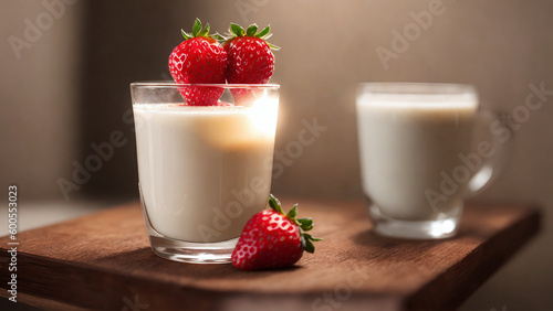 two strawberries on top of shining glass with milk on wooden table top with brown wall in background, generative AI