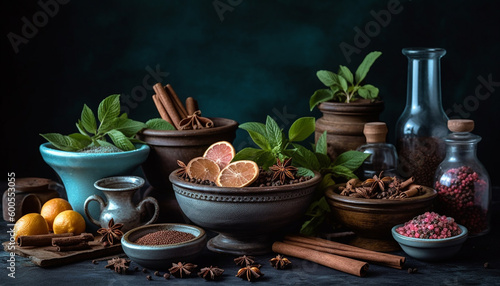 Fresh herbs and spices adorn rustic table generated by AI
