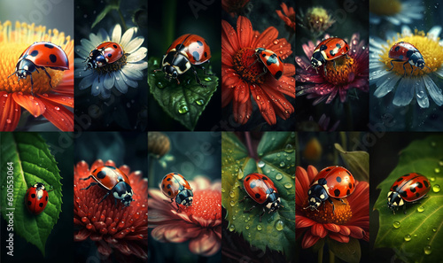 Set of beautiful ladybugs in various colorful situations and places AI generated