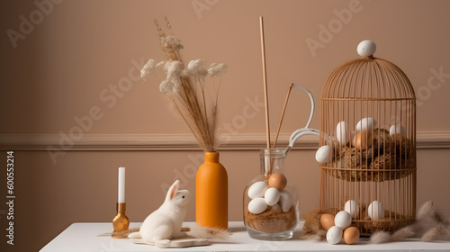 Creative composition of easter living room interior with copy space  beige vase with dried flowers  wooden cage  glass eggs  honey in jar  easter bunny sculpture and accessories. Home decor. Template.