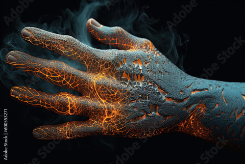 Hands with arthrosis  arthritis or psoriatic arthritis  inflammatory of joints  pain  concept of health condition being reduced. and restricted. Generative AI.