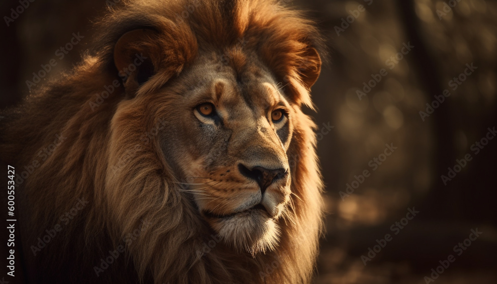 Majestic lion staring in the African wilderness generated by AI