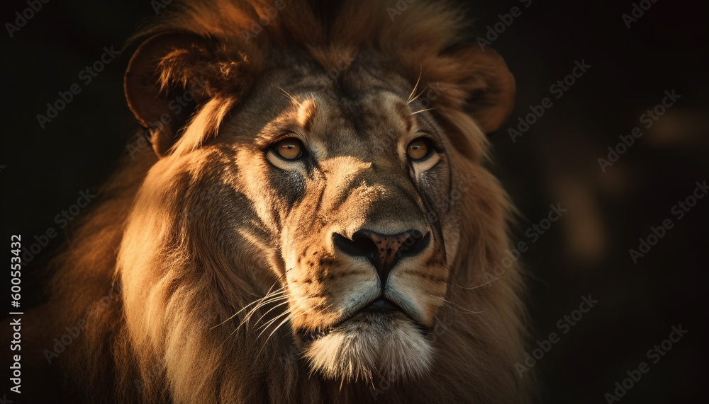 Majestic lion staring, fur and mane strong generated by AI