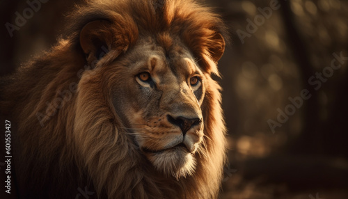 Majestic lion staring in the African wilderness generated by AI